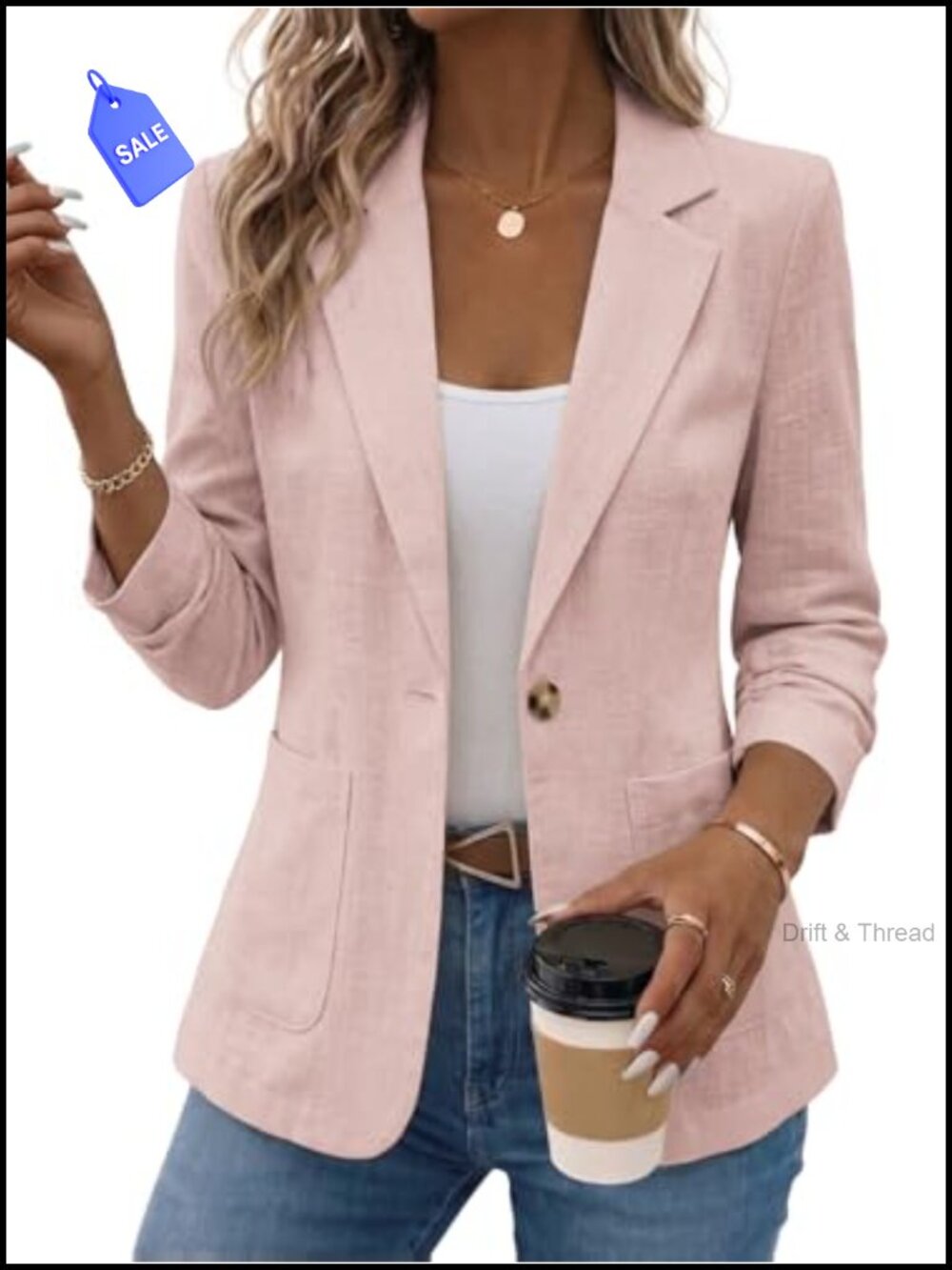 Linen Blend Blazer Womens 3/4 Ruched Sleeve Business Casual Jacket
